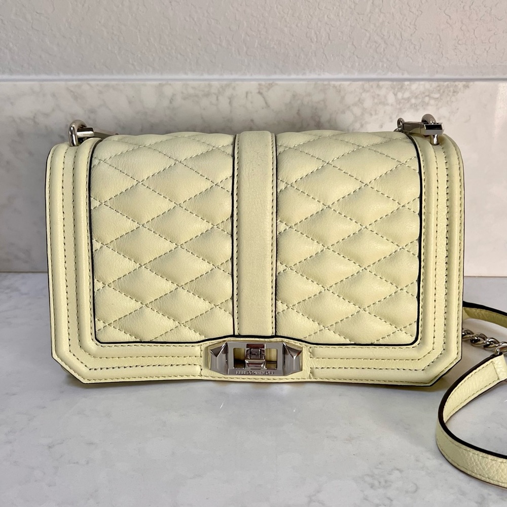 Rebecca Minkoff Quilted Love Crossbody Bag in “Honeydew” Green, Chain Strap, EUC